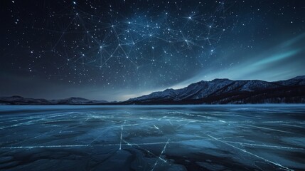 Naklejka premium 34. Night sky lit by giant geometric constellations over a frozen lake