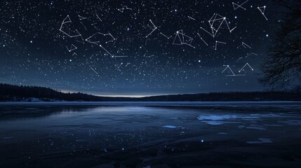 34. Night sky lit by giant geometric constellations over a frozen lake