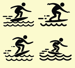 Obraz premium Dynamic Surfer Silhouettes on Waves, Vector Water Sport Icons Collection