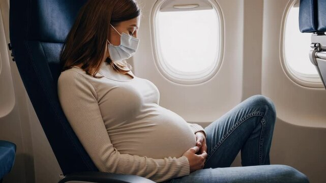 Pregnant Woman Relaxing on Airplane Window Seat