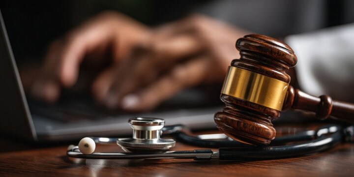 Close-up of Wooden Gavel and Stethoscope with Male Doctor Using Laptop, Medical Law Concept