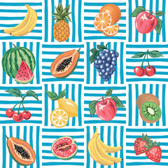 Cherry, strawberry, pineapple, apple, kiwi, orange, grape, banana, watermelon, lemon, papaya seamless pattern.. Summer exotic print.
