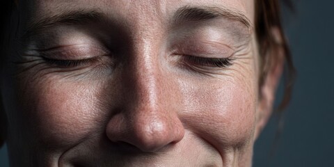 Close-up Portrait of Smiling 40-Year-Old Woman with Closed Eyes Against Dark Grey Background