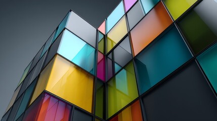Fototapeta premium Vibrant modern architecture with colorful panels reflecting light and creativity.
