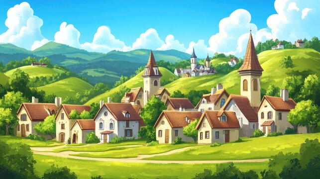 A picturesque, idyllic village nestled in rolling hills under a vibrant sky.