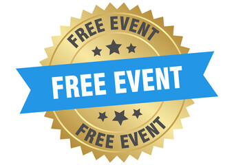 free event. free event round blue and gold label isolated on transparent background