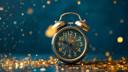 Elegant close-up of a vintage alarm clock with golden confetti on a dark blue background, symbolizing New Years Eve - Powered by Adobe