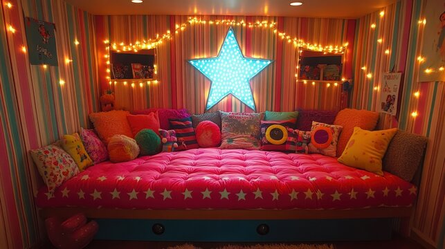 Vibrant, colorful kids' reading nook with a large star-shaped light fixture and plush seating