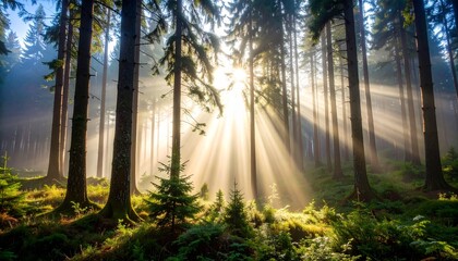 Obraz premium A dense forest with sunbeams shining through the morning mist