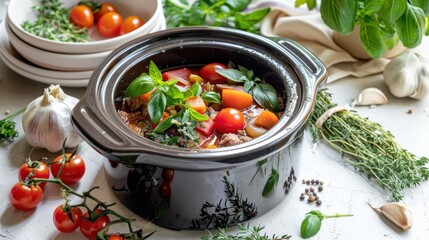 Fresh ingredients surround a slow cooker ready for a flavorful meal in a bright kitchen