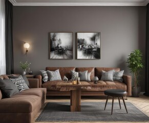 Elegant dining & living area  Brown sofa, wooden table  Black/white art on grey walls ,  home decor, elegant
