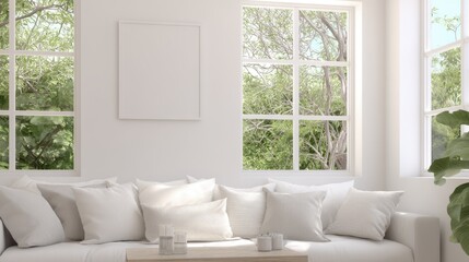 Fototapeta premium Bright and Airy Living Room with Minimalist Decor and Natural Light Streaming Through Windows Surrounded by Lush Greenery