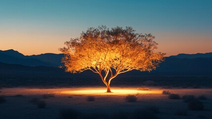 104. A single glowing tree in the center of a twilight desert