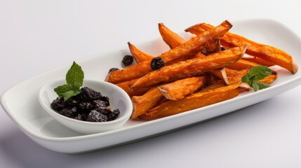 Sweet potato fries arranged with dried fruit chutney on a white plate, highlighted by natural light