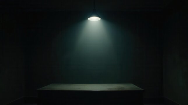 Low-angle view of a bright spotlight in a dark, gritty interrogation room, creating an oppressive, intimidating mood with a strong light beam.
