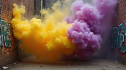 Close-up of yellow and purple smoke grenades erupting against a decaying graffiti wall, emphasizing gritty textures and vibrant color contrast in an urban setting.