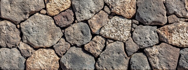 Obraz premium Sandstone wall texture with rough surface detail, illuminated by natural ambient light, close-up of natural stone material showcasing rustic and earthy architectural elements for design 