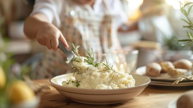 Children assist in serving creamy mashed potatoes at a family gathering in a stylish kitchen - Powered by Adobe