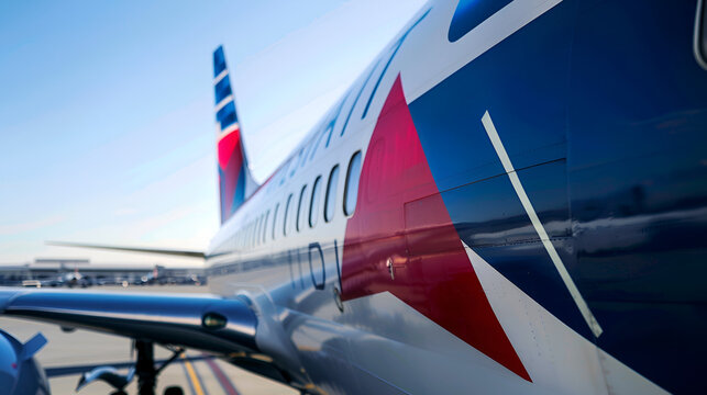 Close up view of a delta airlines plane on the tarmac with a blue sky in the background on a sunny day
