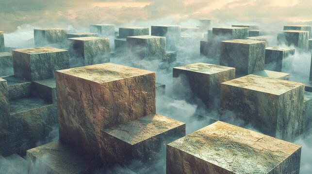 131. Surreal cube landscape with shifting blocks of terrain