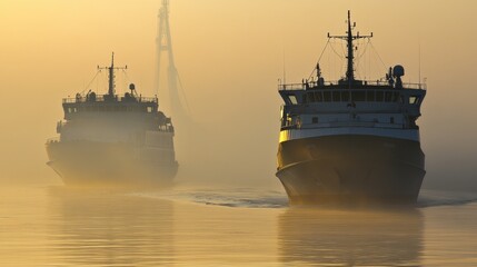 Fototapeta premium Seaport landscape at dawn with cargo ships docked, soft morning light illuminating harbor and water, gradient sky backdrop, industrial maritime scene showcasing shipping activity and coastal transport