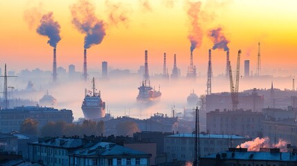 Seaport landscape at dawn with cargo ships docked, soft morning light illuminating harbor and water, gradient sky backdrop, industrial maritime scene showcasing shipping activity and coastal transport