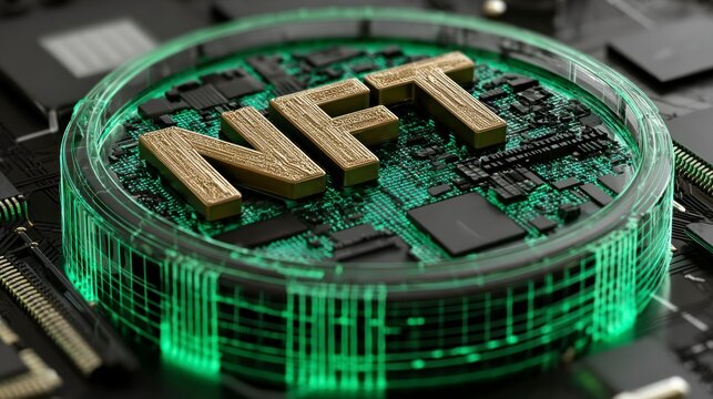 Golden NFT Symbol on Futuristic Circuit Board with Green Illumination - Powered by Adobe
