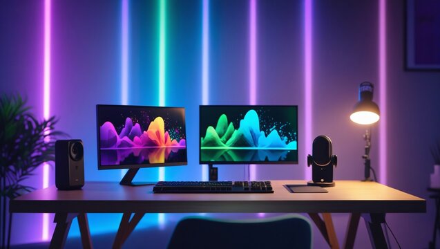 Gaming and streaming setup with dual monitors, a microphone, and neon lights on the wall