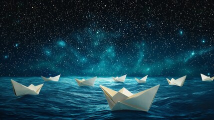 142. Giant paper boats drifting across a field of stars