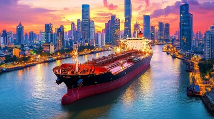 Fototapeta premium Seaport landscape at dawn with cargo ships docked, soft morning light illuminating harbor and water, gradient sky backdrop, industrial maritime scene showcasing shipping activity and coastal transport