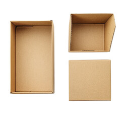 Fototapeta premium Open and closed cardboard box display against a white background showcasing different sizes and shapes, Cardboard Box Open and Closed On white background