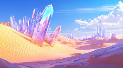 3. Surreal desert with multicolored sand dunes and massive crystal formations