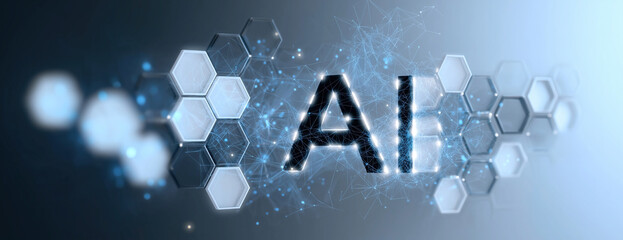 Glowing AI letters with hexagonal technology background.
