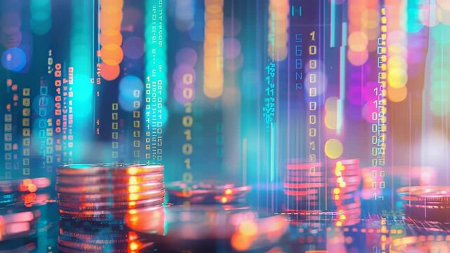 Digital currency concept with coins and binary code, vibrant colors