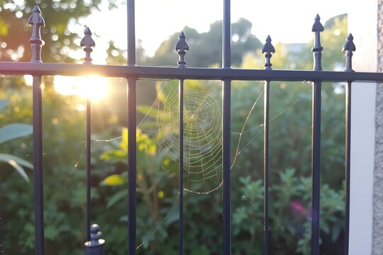 Spider web glistening in sunlight on garden fence during sunset   - Powered by Adobe