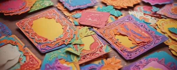 Fototapeta premium Brightly colored layered paper cards, intricate cutouts , layered paper, texture