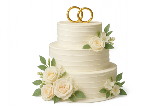 -tiered white wedding cake with gold rings isolated on transparent background.