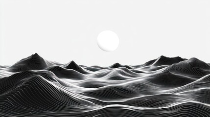 Abstract monochrome landscape with wavy lines and a light orb