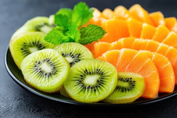 Vibrant Sliced Kiwi and Mandarin Oranges with Mint Garnish on Black