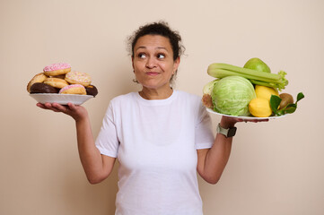 Woman Contemplating Between Sweet Doughnuts and Fresh Healthy Produce Choices