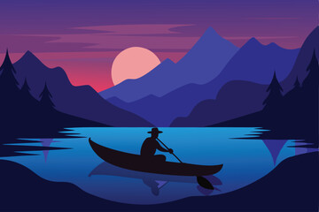 Fototapeta premium Sunset over tranquil waters, a lone fishing boat silhouetted against the sky