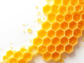Honeycomb with Flowing Honey and Pollen on a Clean White Background