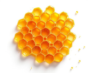 Honeycomb with Flowing Honey and Pollen on a Clean White Background