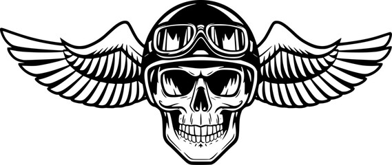 Monochrome biker Skull with Helmet ,  Goggles  and wings &ndash; Winged Biker Emblem Vector Illustration for Motorcycle and Tattoo Designs