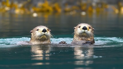 Two sea otters swimming in the ocean