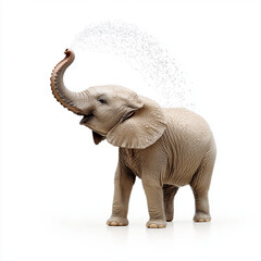 Obraz premium Gray elephant spraying water out of its trunk isolated on white background. Playful animal showers itself on a bright day.