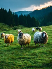 Fototapeta premium Fluffy Sheep Grazing on Green Hillside with Forest Background at Sunset