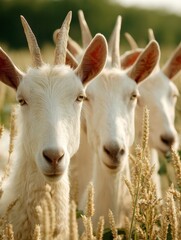 Fototapeta premium Three Curious Goats in a Wheat Field on a Sunny Day