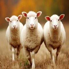 Fototapeta premium Three Sheep Walking Toward Camera in Autumnal Field, Agricultural Scene