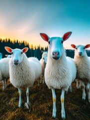 Fototapeta premium Curious Sheep Flock Standing Together Against a Scenic Sky